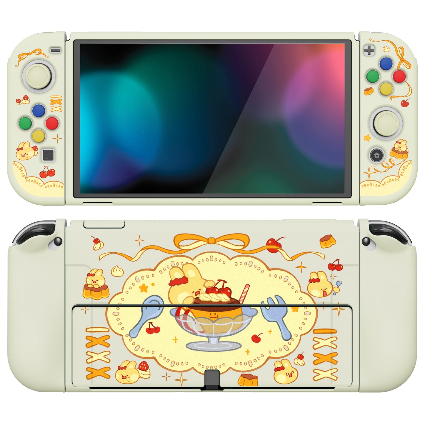 PlayVital ZealProtect ソフト TPU スリム保護ケース 親指グリップキャップと ABXY 方向ボタンキャップ付き Switch 有機el 用【プディングラビット】