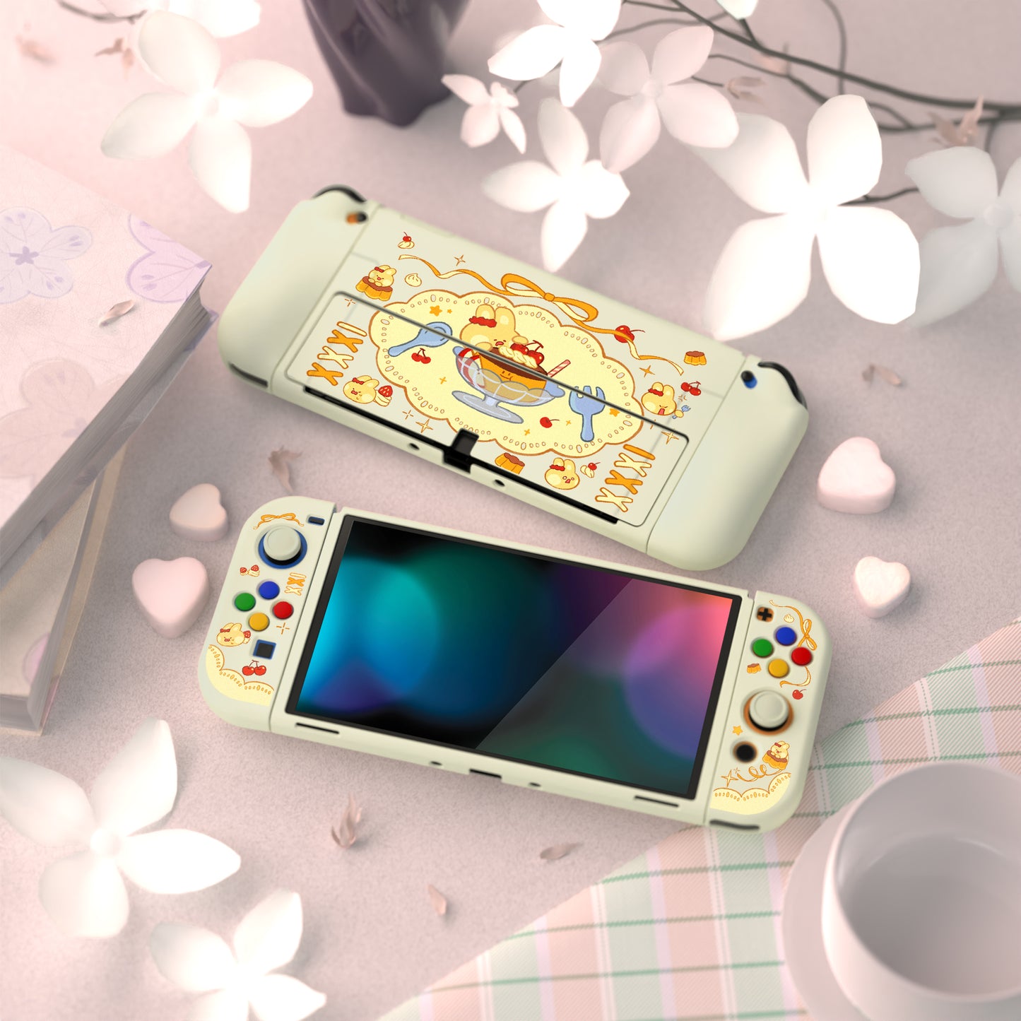 PlayVital ZealProtect ソフト TPU スリム保護ケース 親指グリップキャップと ABXY 方向ボタンキャップ付き Switch 有機el 用【プディングラビット】