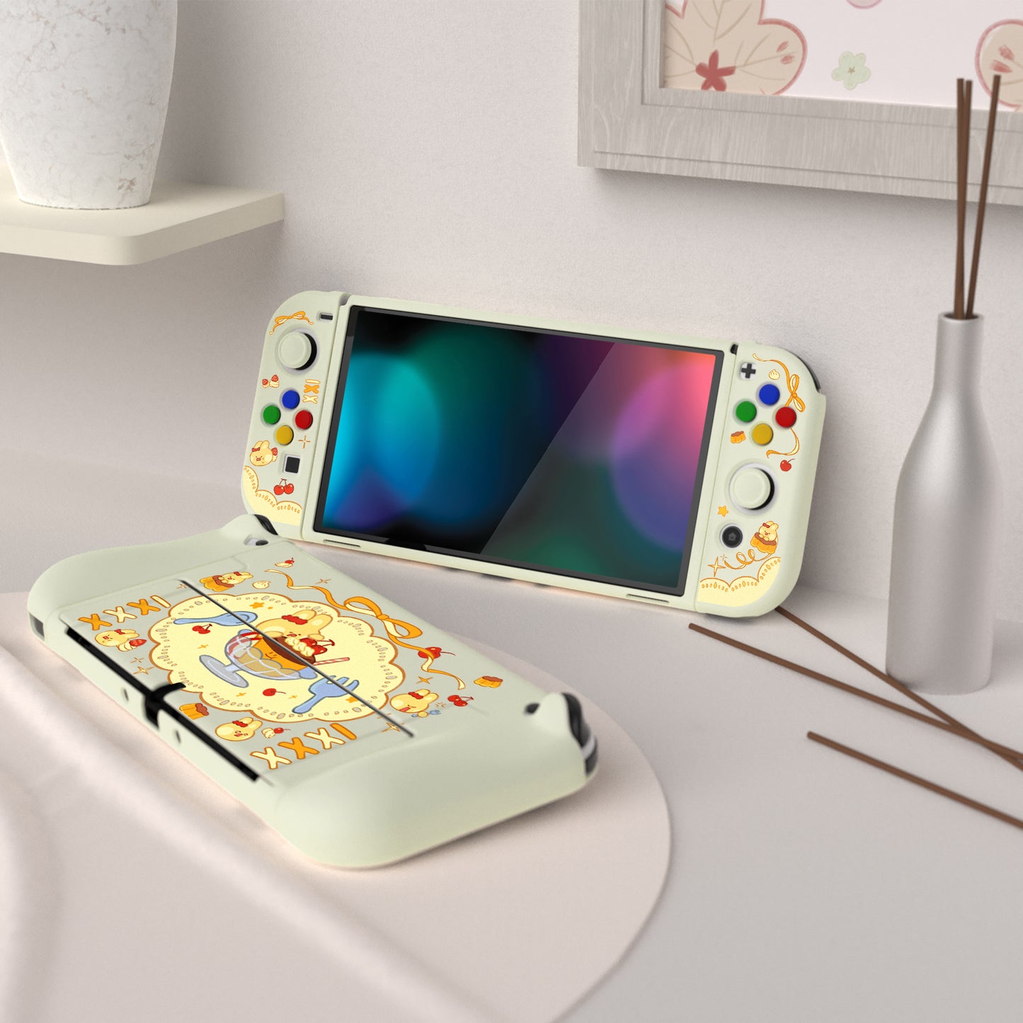 PlayVital ZealProtect ソフト TPU スリム保護ケース 親指グリップキャップと ABXY 方向ボタンキャップ付き Switch 有機el 用【プディングラビット】