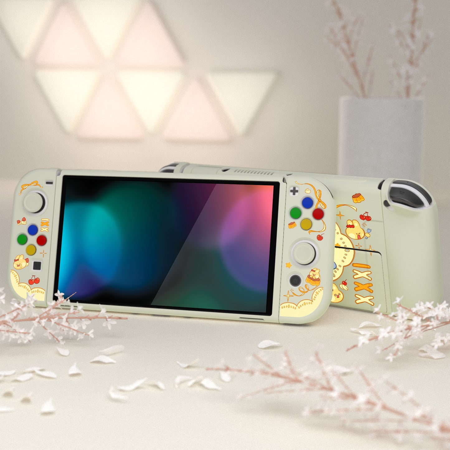 PlayVital ZealProtect ソフト TPU スリム保護ケース 親指グリップキャップと ABXY 方向ボタンキャップ付き Switch 有機el 用【プディングラビット】