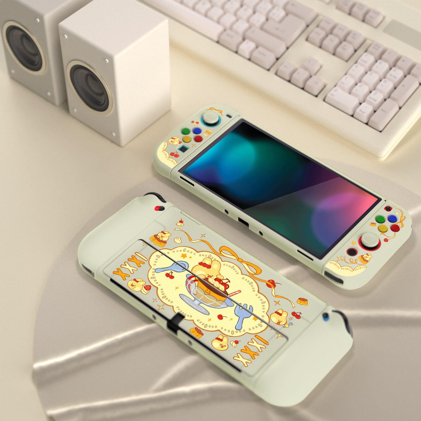 PlayVital ZealProtect ソフト TPU スリム保護ケース 親指グリップキャップと ABXY 方向ボタンキャップ付き Switch 有機el 用【プディングラビット】