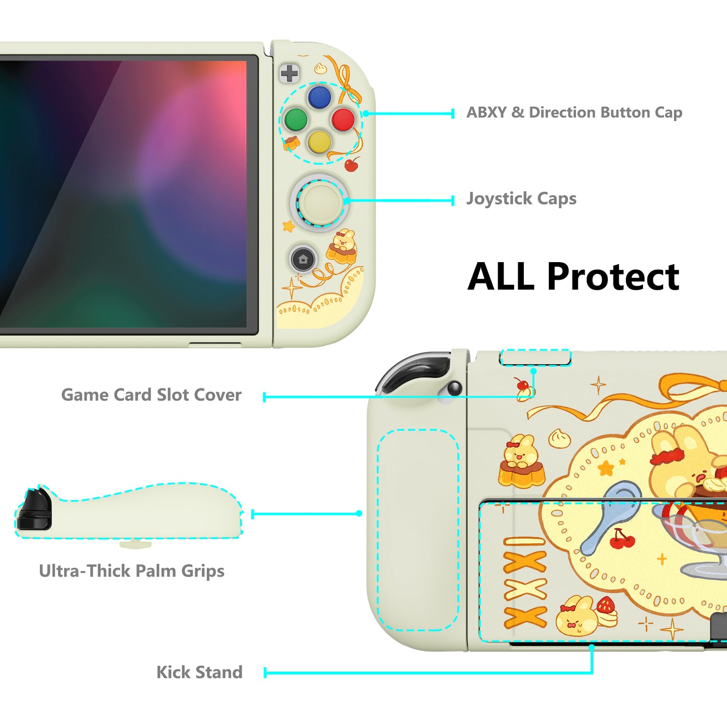 PlayVital ZealProtect ソフト TPU スリム保護ケース 親指グリップキャップと ABXY 方向ボタンキャップ付き Switch 有機el 用【プディングラビット】