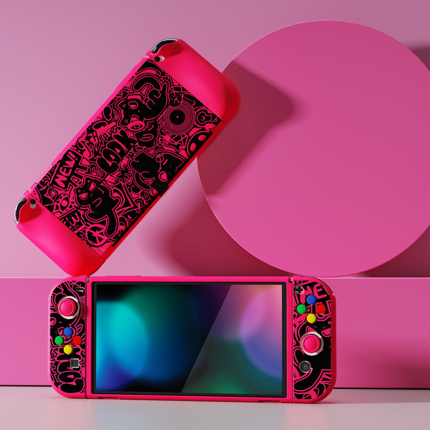 PlayVital ZealProtect ソフト TPU スリム保護ケース 親指グリップキャップと ABXY 方向ボタンキャップ付き Switch 有機el 用【VV & 濃いピンク】