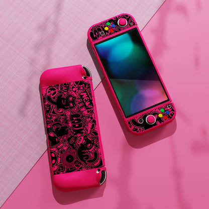 PlayVital ZealProtect ソフト TPU スリム保護ケース 親指グリップキャップと ABXY 方向ボタンキャップ付き Switch 有機el 用【VV & 濃いピンク】