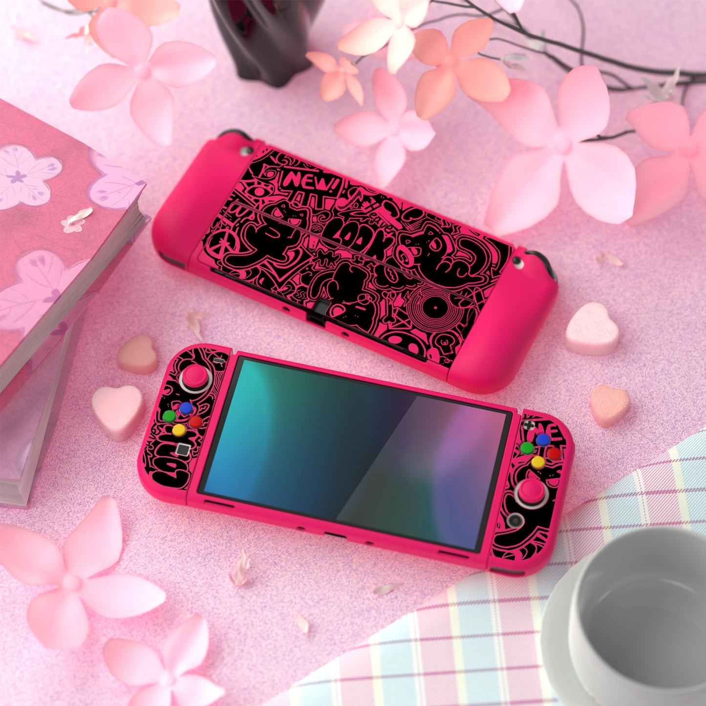 PlayVital ZealProtect ソフト TPU スリム保護ケース 親指グリップキャップと ABXY 方向ボタンキャップ付き Switch 有機el 用【VV & 濃いピンク】