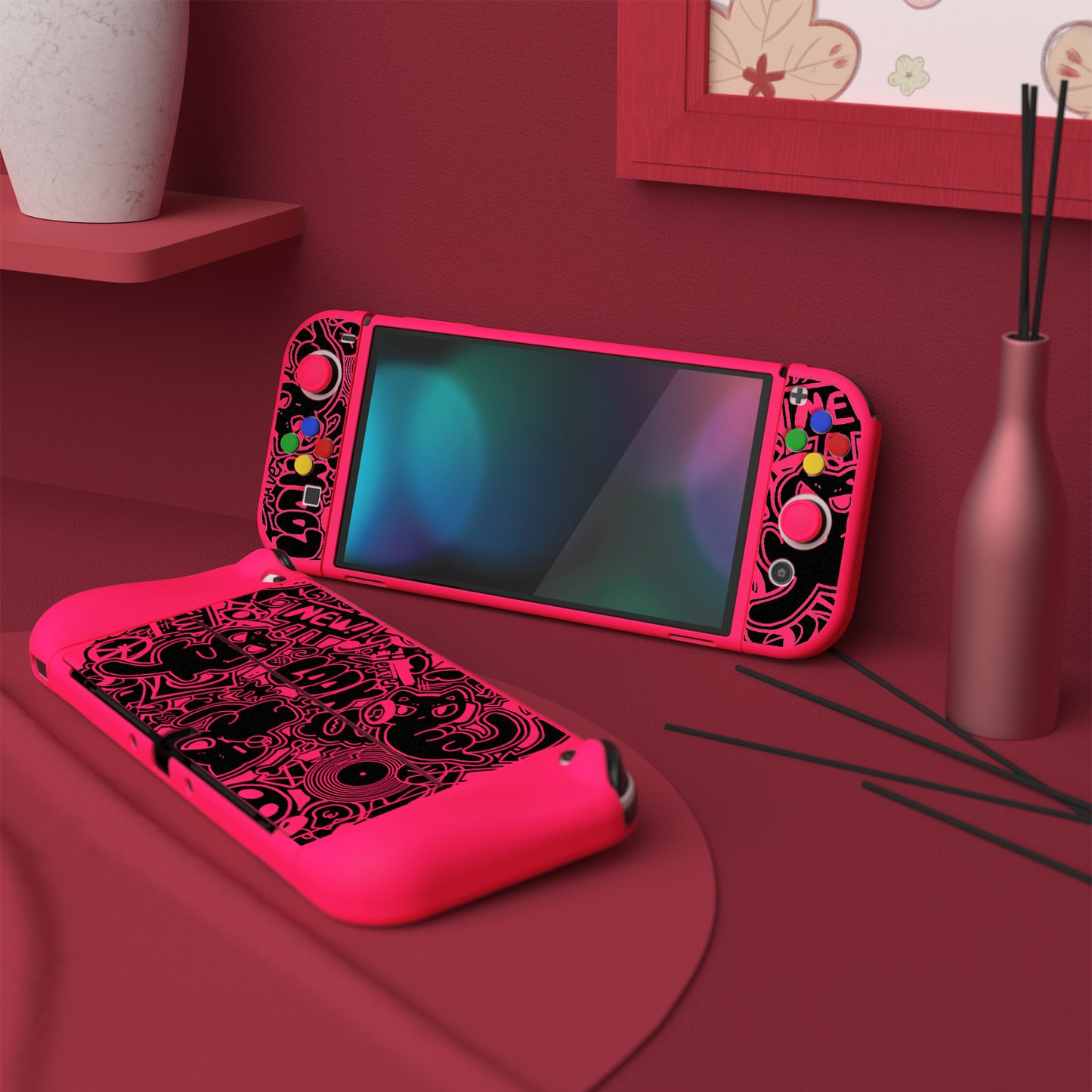 PlayVital ZealProtect ソフト TPU スリム保護ケース 親指グリップキャップと ABXY 方向ボタンキャップ付き Switch 有機el 用【VV & 濃いピンク】