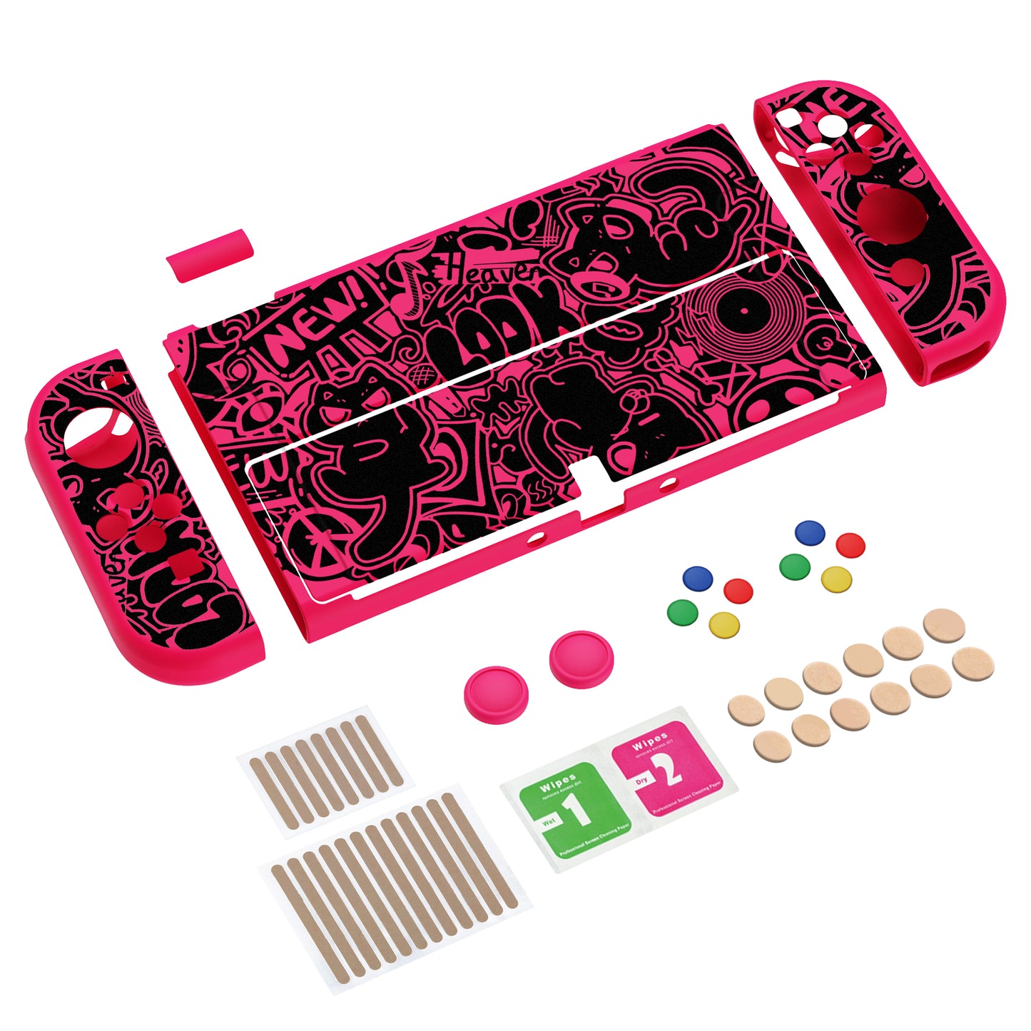 PlayVital ZealProtect ソフト TPU スリム保護ケース 親指グリップキャップと ABXY 方向ボタンキャップ付き Switch 有機el 用【VV & 濃いピンク】