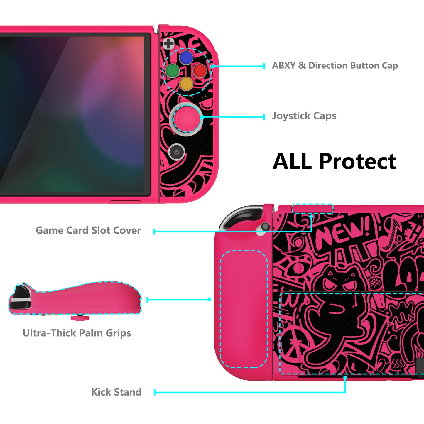 PlayVital ZealProtect ソフト TPU スリム保護ケース 親指グリップキャップと ABXY 方向ボタンキャップ付き Switch 有機el 用【VV & 濃いピンク】