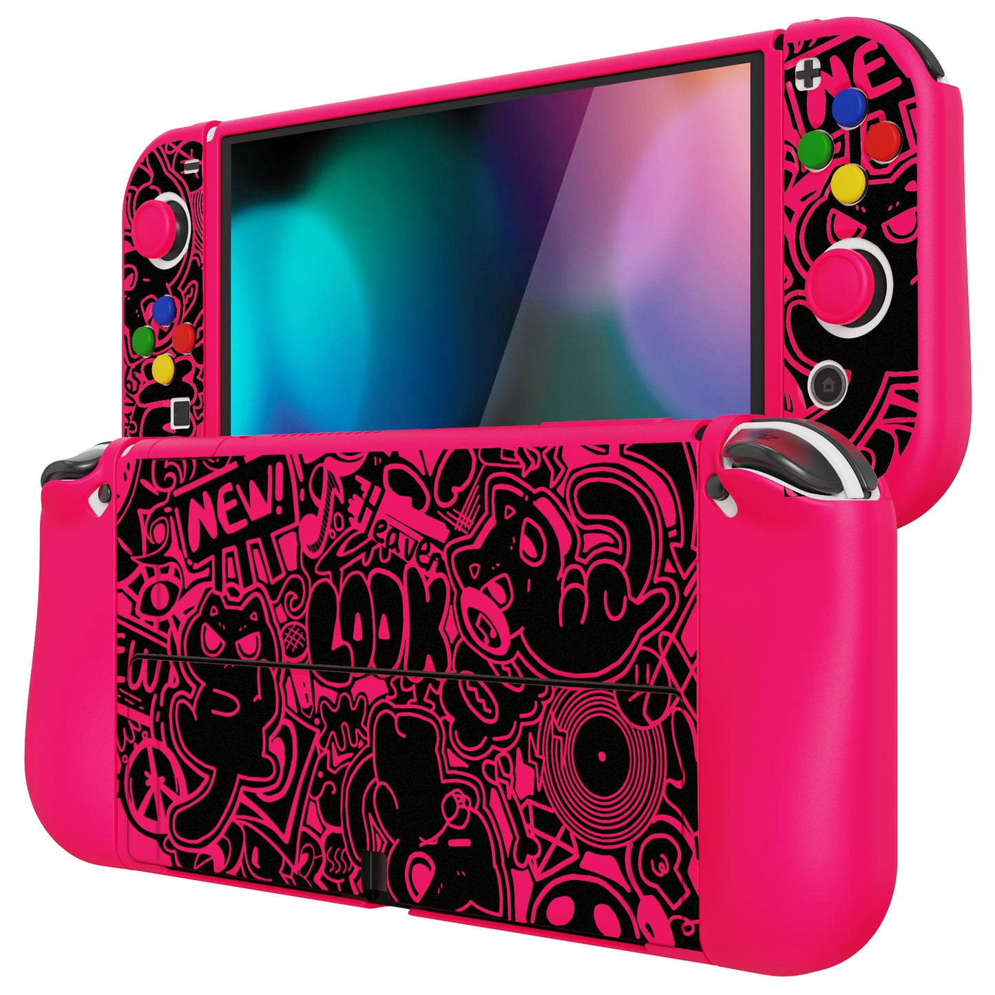 PlayVital ZealProtect ソフト TPU スリム保護ケース 親指グリップキャップと ABXY 方向ボタンキャップ付き Switch 有機el 用【VV & 濃いピンク】