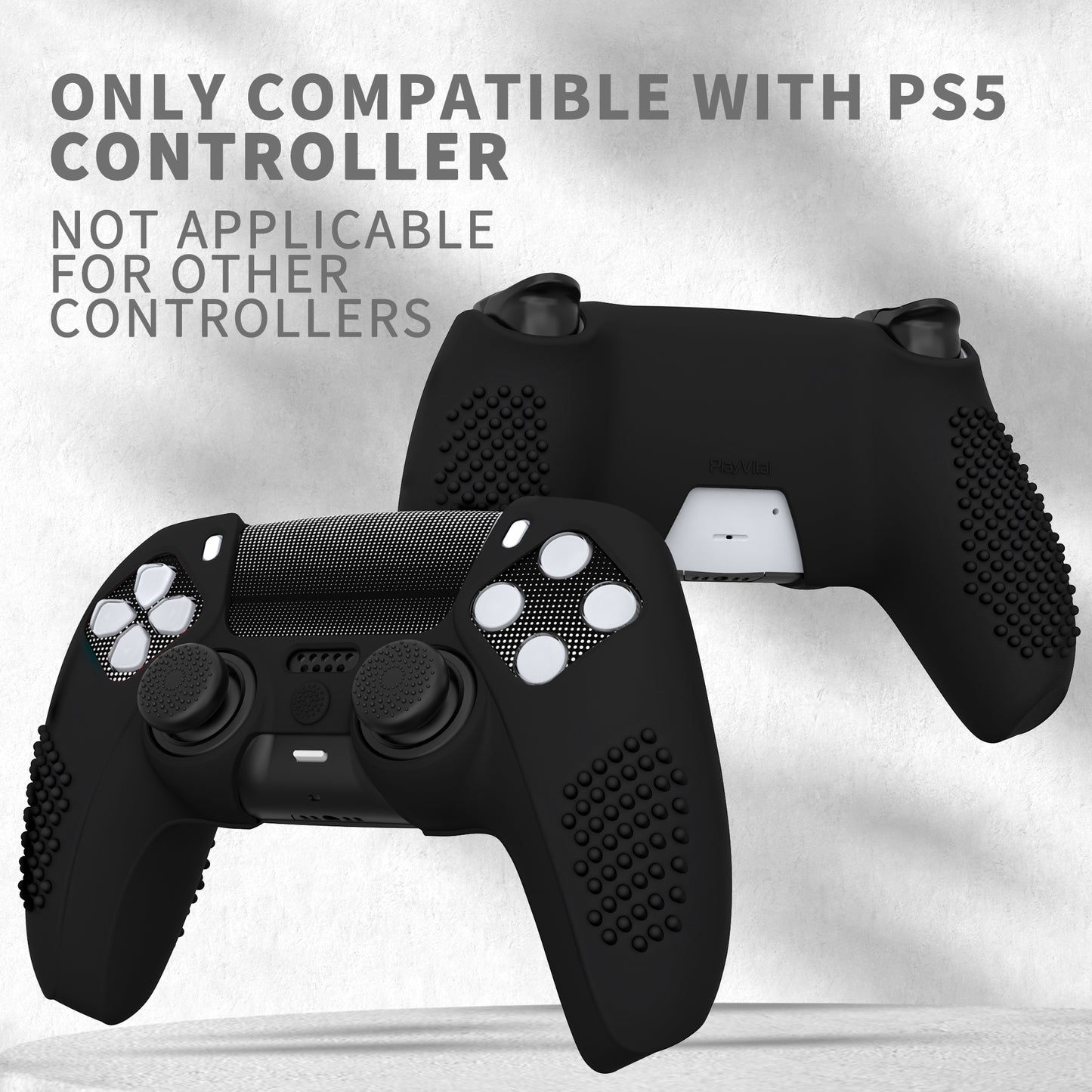 PlayVital 2セット アップグレード版 3Dスタッズ エディション 防滑シリコンカバー スキン (6つのサムグリップ & 2枚のステッカー付き) - PS5 コントローラー用、充電ドック対応【ブラック】