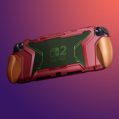 PlayVital BEYOND-GRIP Nintendo Switch 2（2025）対応 交換式グリップ付きTPU保護ケースカバー ドック対応 親指グリップキャップ付き 耐衝撃 人間工学デザイン【レッド＆オレンジ】