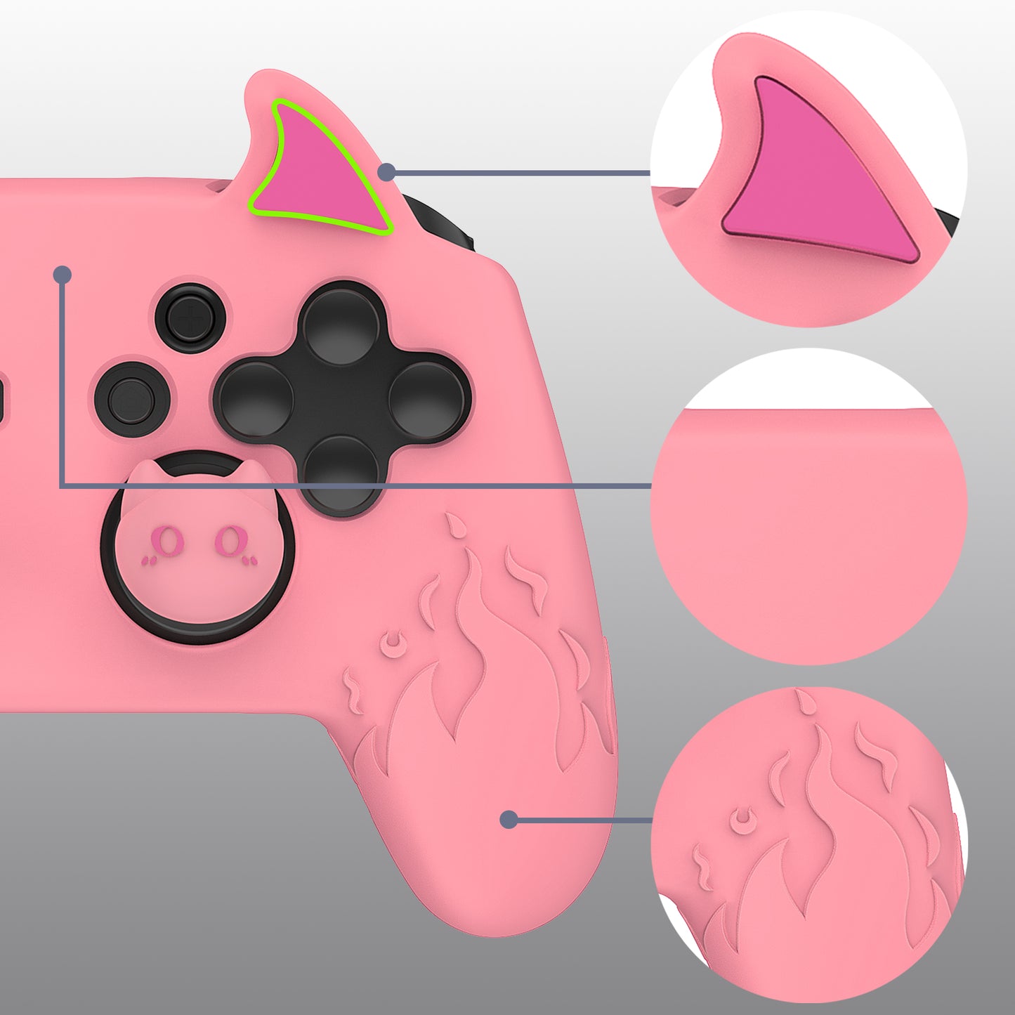 PlayVital かわいいデーモン シリコングリップカバー（サムグリップとステッカー付き） Nintendo Switch Pro コントローラー用【ピンク】