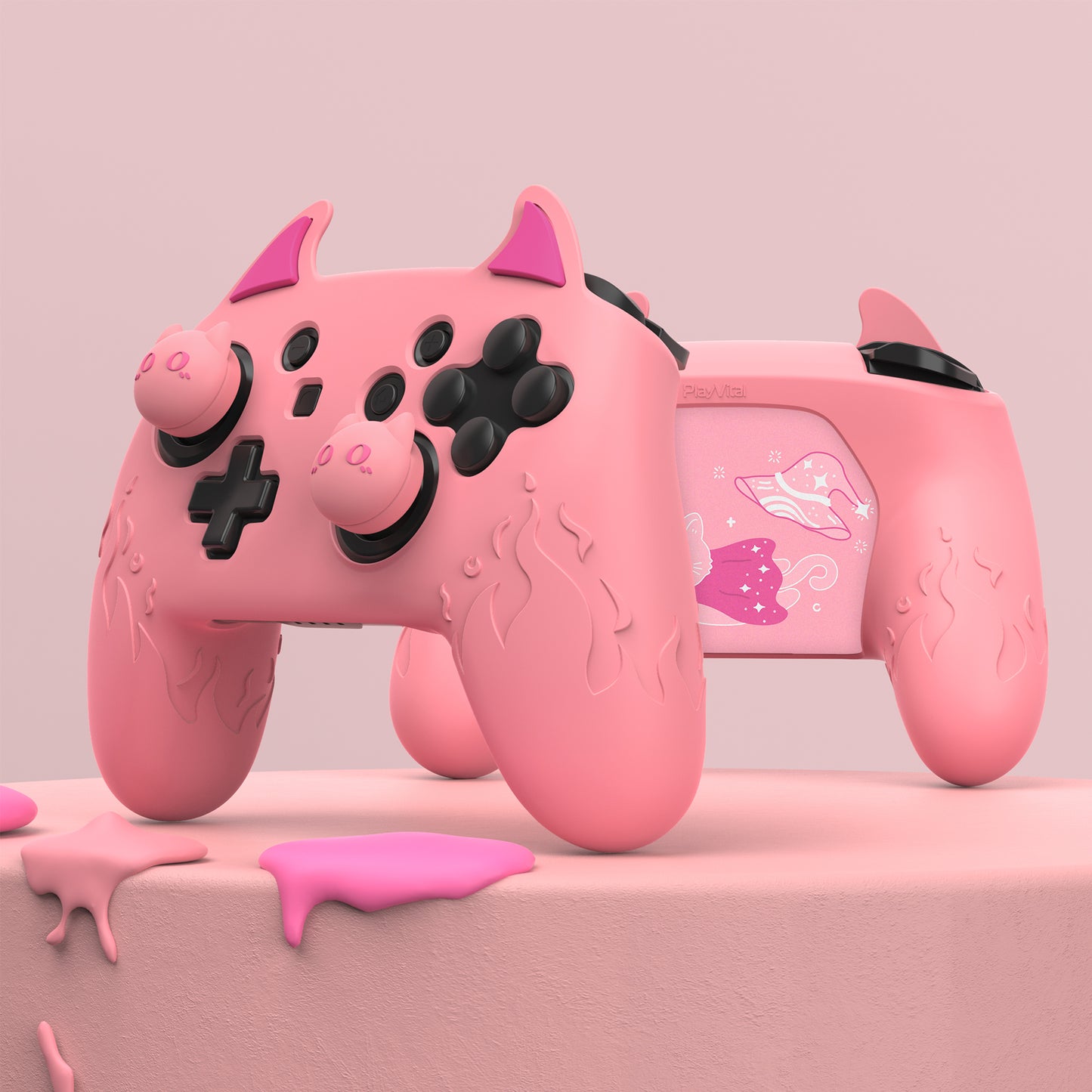 PlayVital かわいいデーモン シリコングリップカバー（サムグリップとステッカー付き） Nintendo Switch Pro コントローラー用【ピンク】