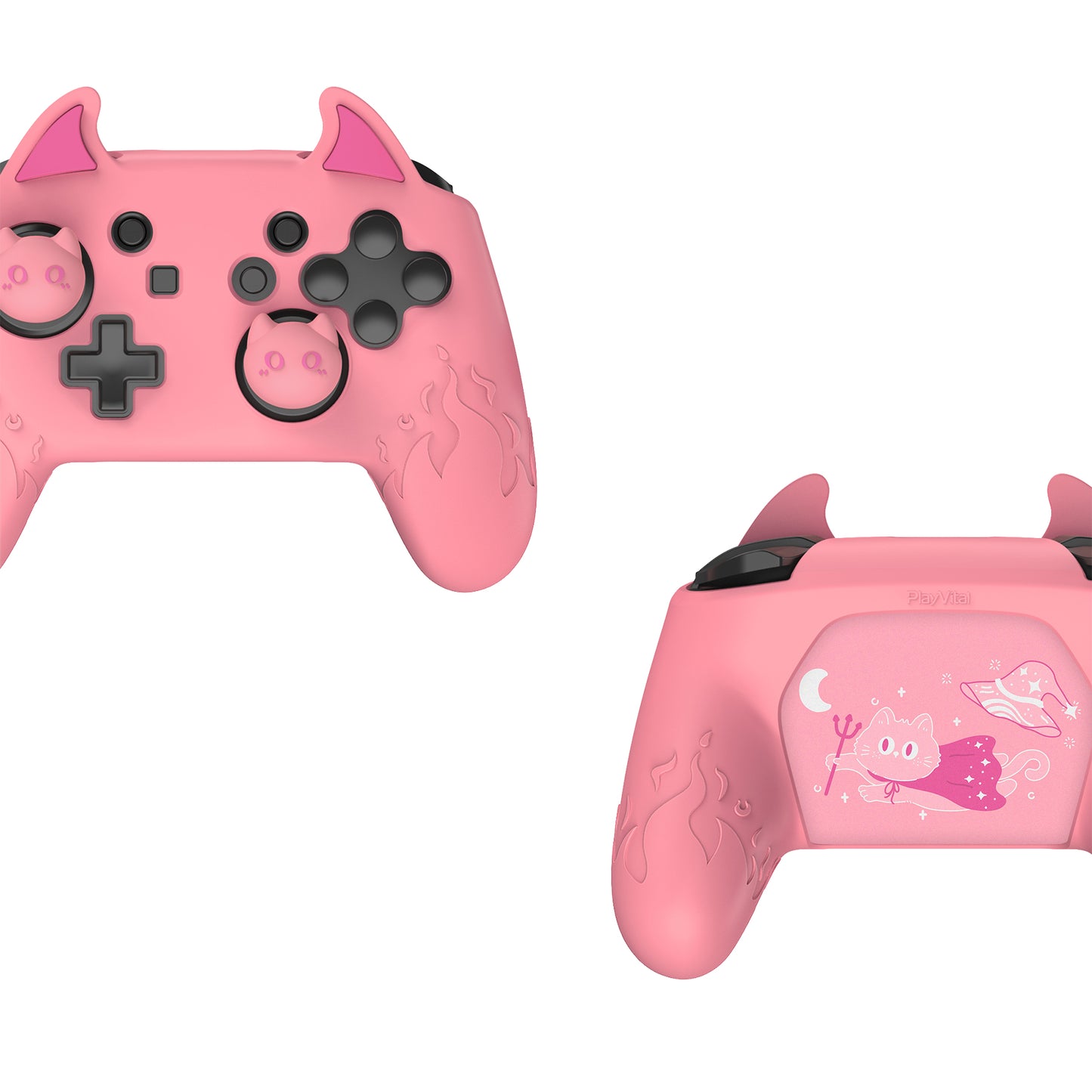 PlayVital かわいいデーモン シリコングリップカバー（サムグリップとステッカー付き） Nintendo Switch Pro コントローラー用【ピンク】
