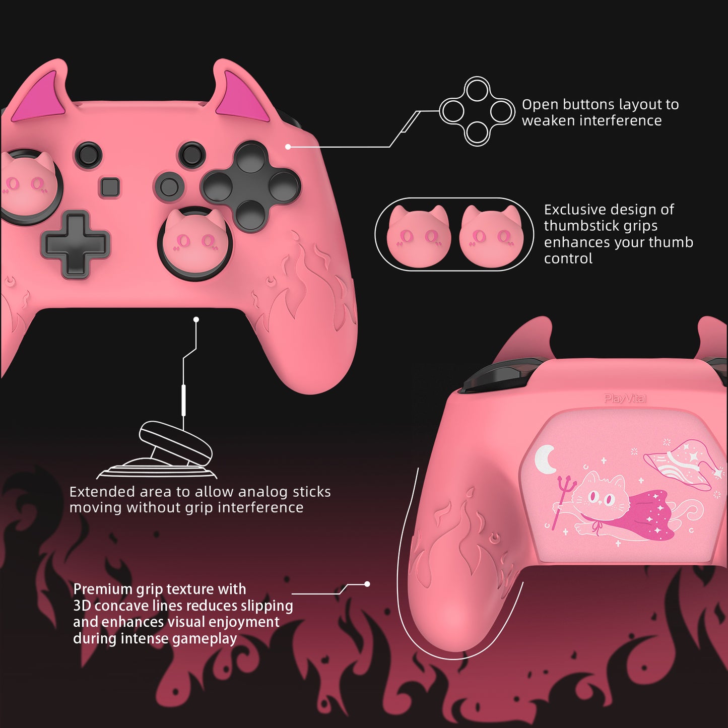 PlayVital かわいいデーモン シリコングリップカバー（サムグリップとステッカー付き） Nintendo Switch Pro コントローラー用【ピンク】