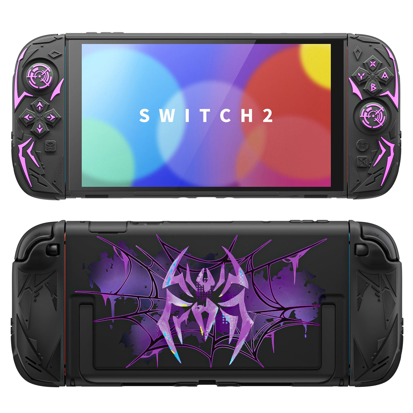 PlayVital サイバースパイダー 保護ケース Nintendo Switch 2 用 人間工学設計 滑り止めシリコングリップ ドック対応ハードケース ジョイスティックキャップ付き【ブラック】