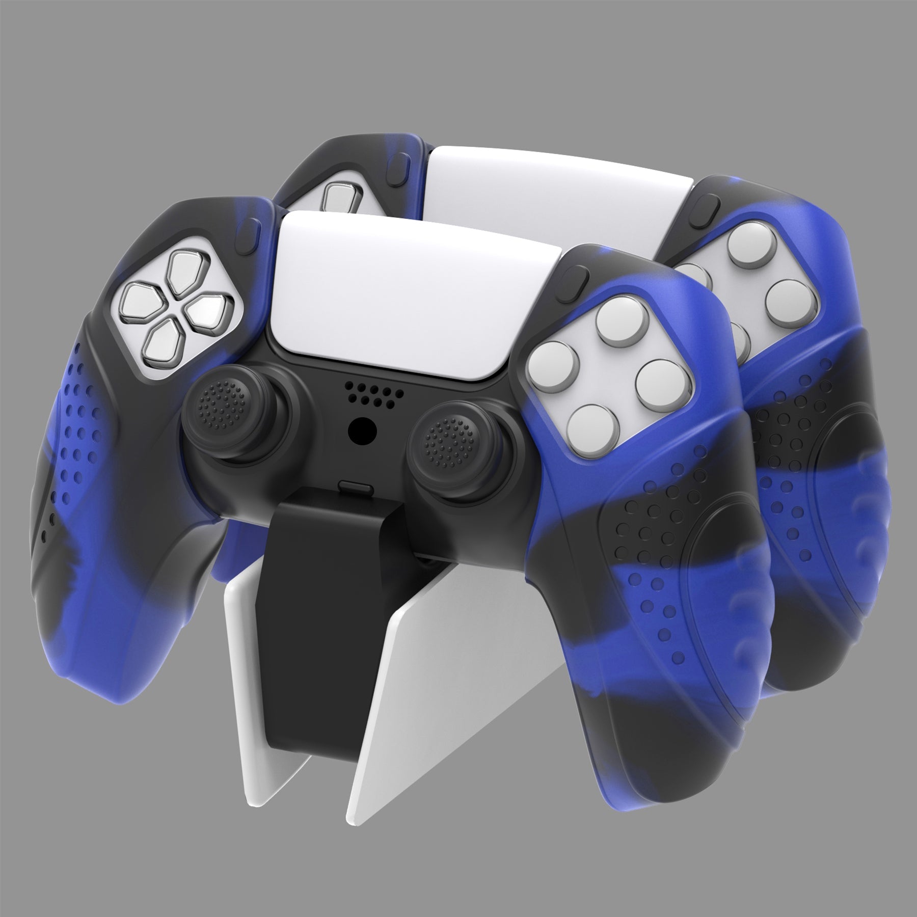 PlayVital Guardian Edition Ergonomic Anti-Slip Silicone Cover Skin with Thumb Grip Caps for PS5 Wireless Controller, Compatible with Charging Station - Blue & Black - YHPF029 PlayVital