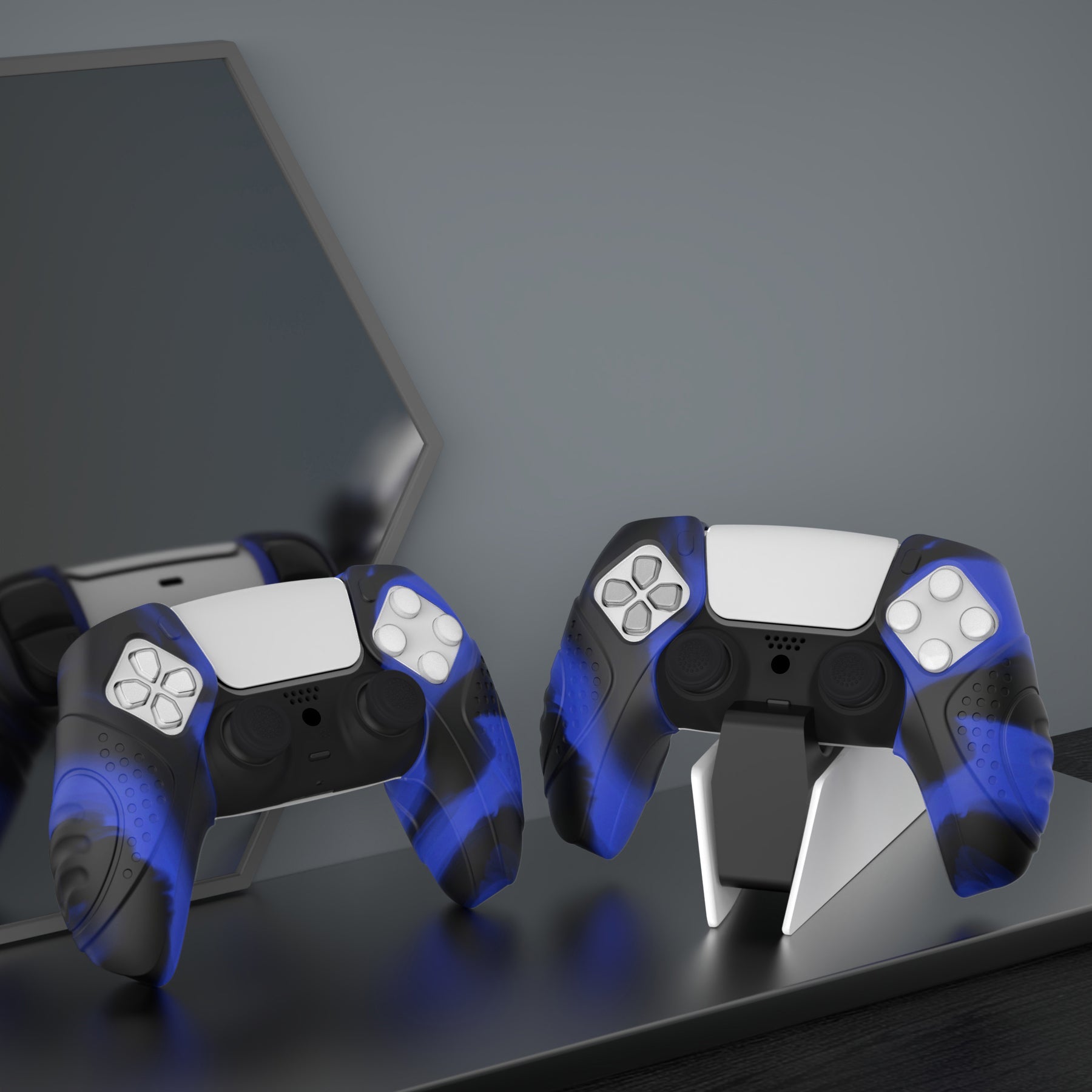 PlayVital Guardian Edition Ergonomic Anti-Slip Silicone Cover Skin with Thumb Grip Caps for PS5 Wireless Controller, Compatible with Charging Station - Blue & Black - YHPF029 PlayVital