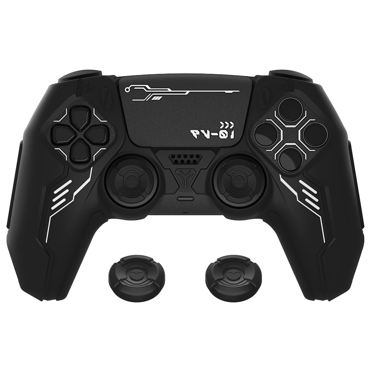 PlayVital Mecha Edition シリコンカバー with 2 ジョイスティックキャップと 6 ステッカー for PS5 コントローラー - 充電ステーション対応【ブラック】