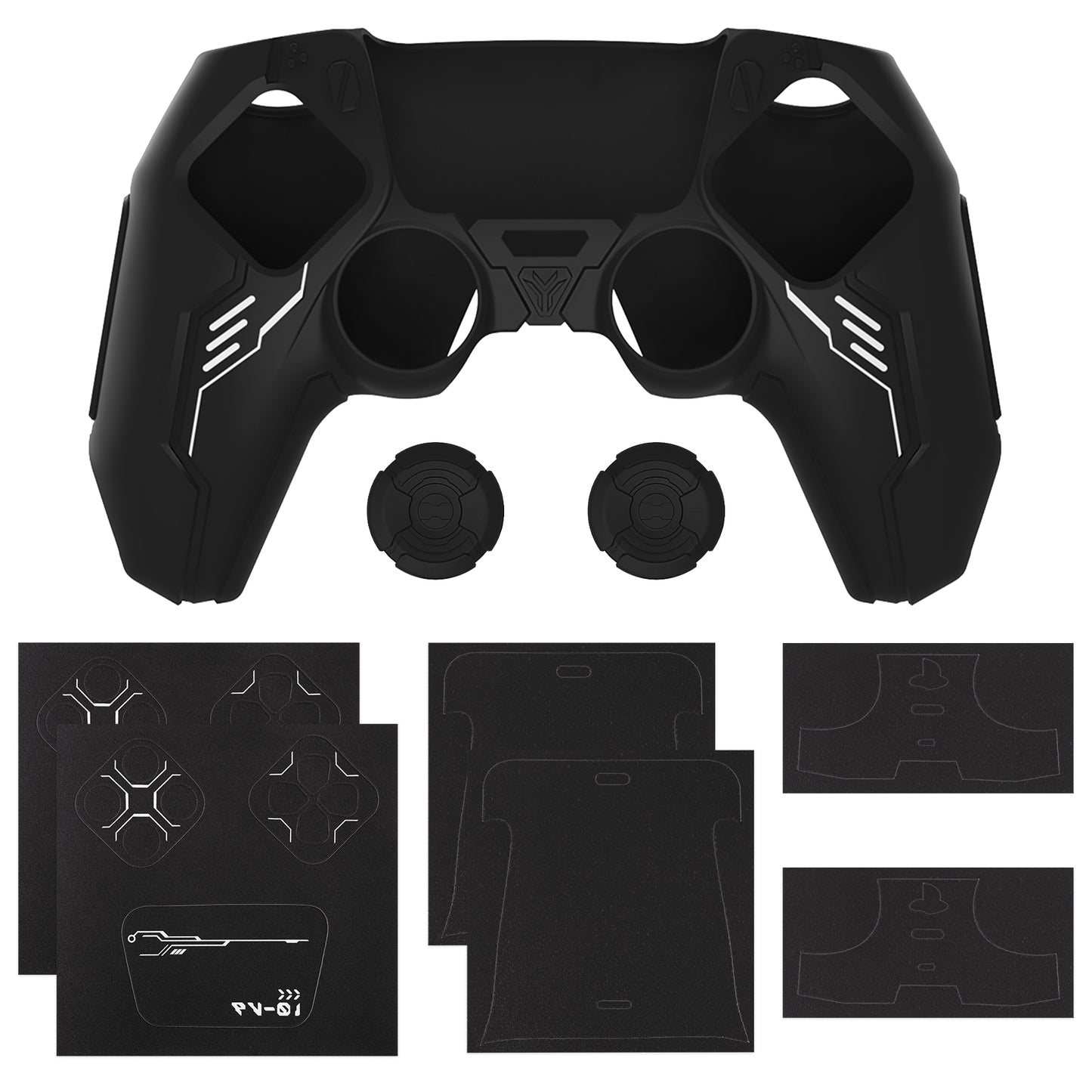 PlayVital Mecha Edition シリコンカバー with 2 ジョイスティックキャップと 6 ステッカー for PS5 コントローラー - 充電ステーション対応【ブラック】