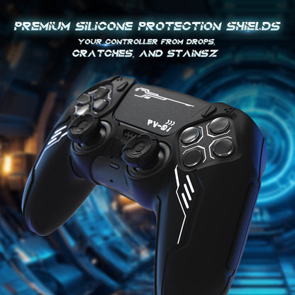 PlayVital Mecha Edition シリコンカバー with 2 ジョイスティックキャップと 6 ステッカー for PS5 コントローラー - 充電ステーション対応【ブラック】