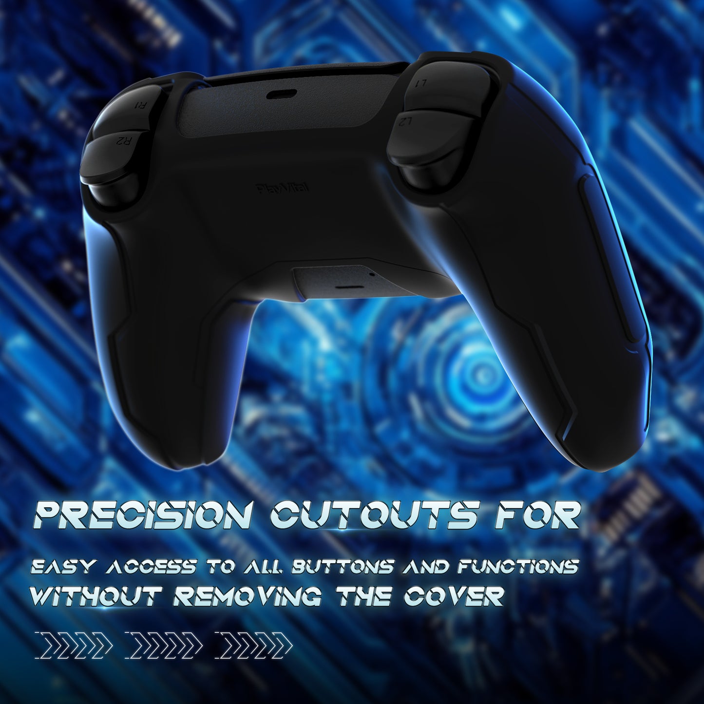 PlayVital Mecha Edition シリコンカバー with 2 ジョイスティックキャップと 6 ステッカー for PS5 コントローラー - 充電ステーション対応【ブラック】