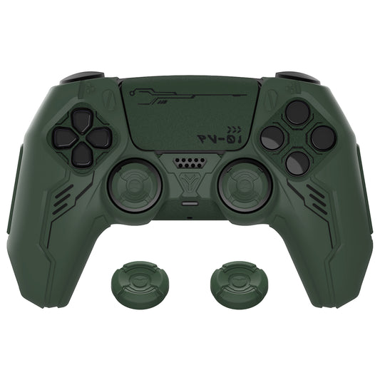 PlayVital Mecha Edition シリコンカバー with 2 ジョイスティックキャップと 6 ステッカー for PS5 コントローラー - 充電ステーション対応【レーシンググリーン】
