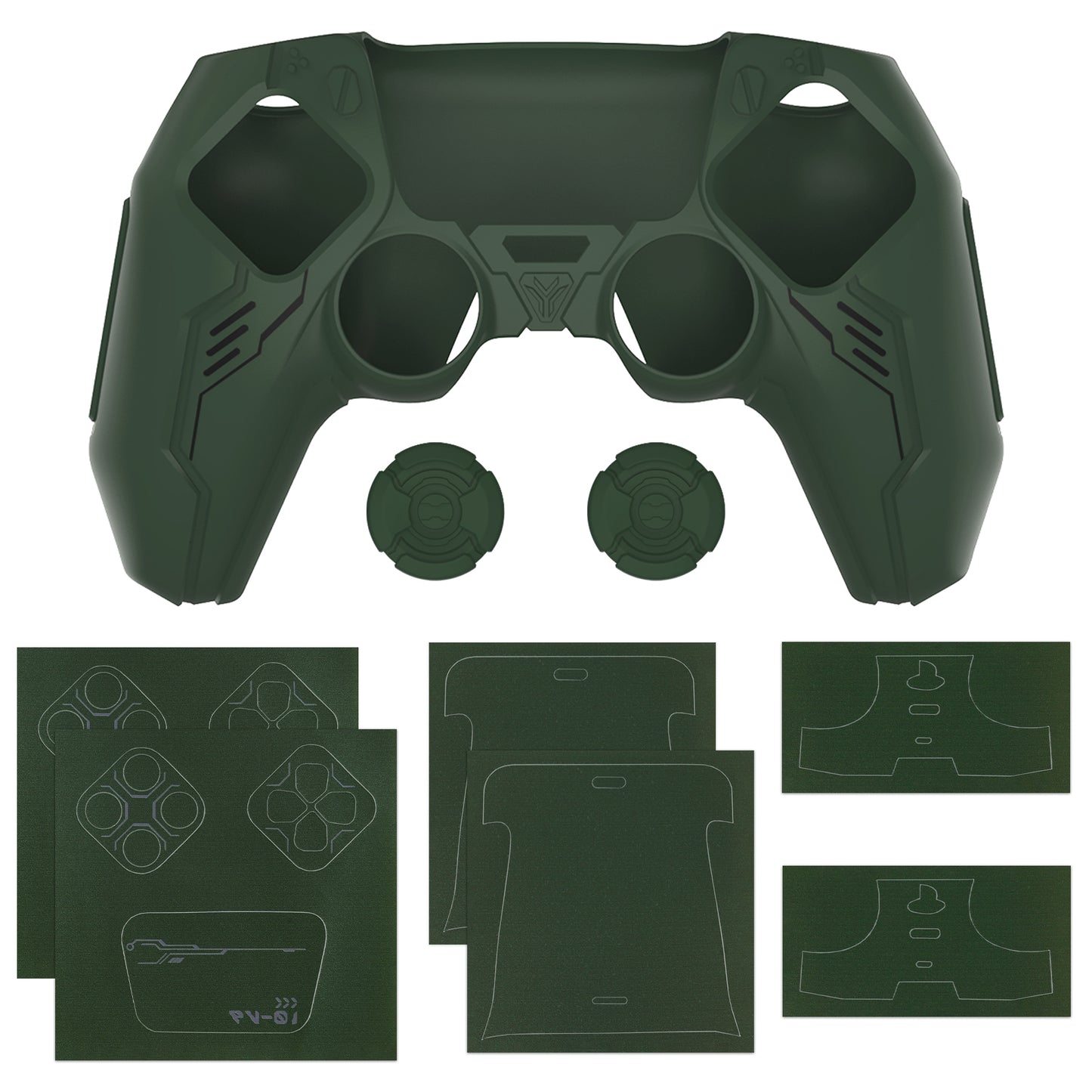 PlayVital Mecha Edition シリコンカバー with 2 ジョイスティックキャップと 6 ステッカー for PS5 コントローラー - 充電ステーション対応【レーシンググリーン】
