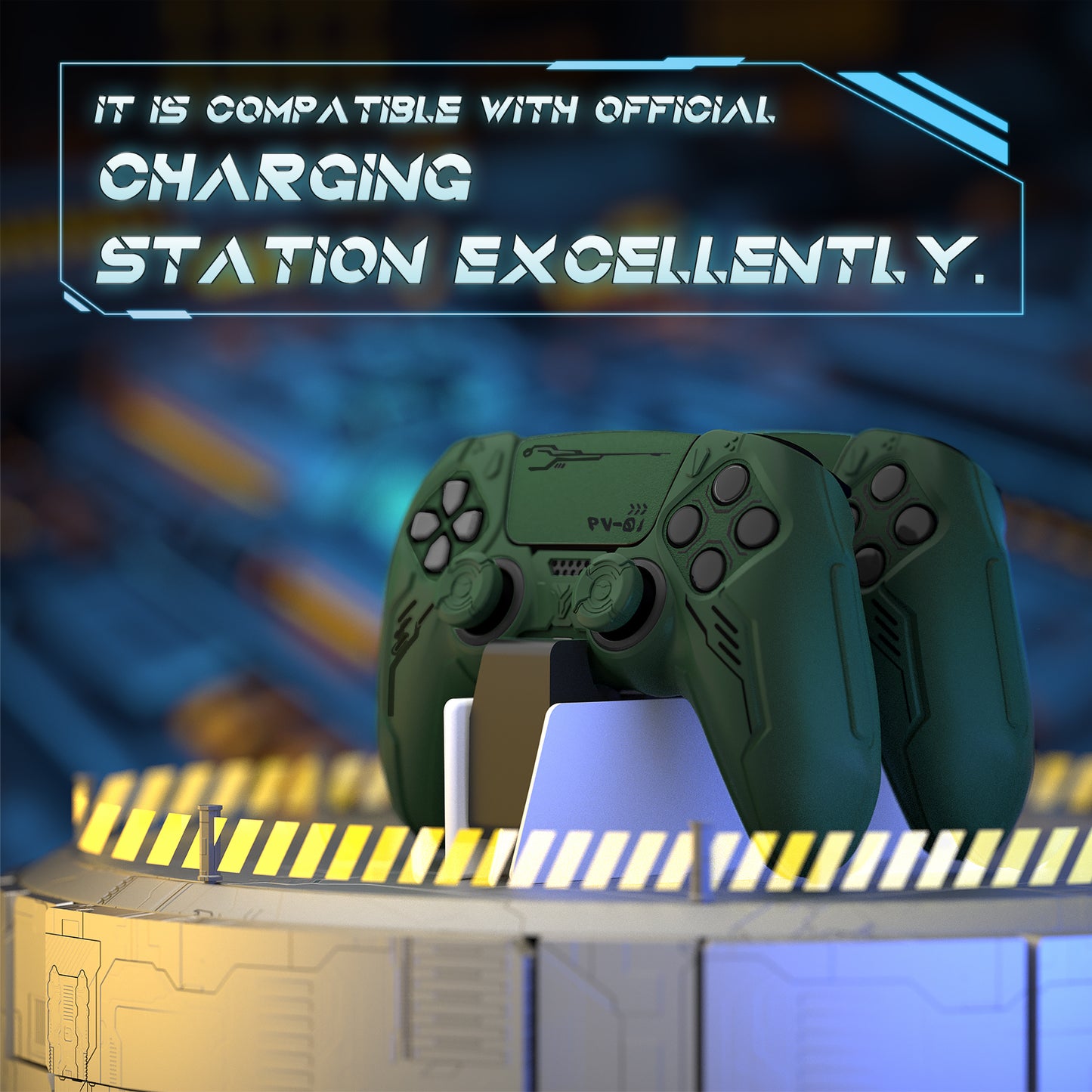 PlayVital Mecha Edition シリコンカバー with 2 ジョイスティックキャップと 6 ステッカー for PS5 コントローラー - 充電ステーション対応【レーシンググリーン】