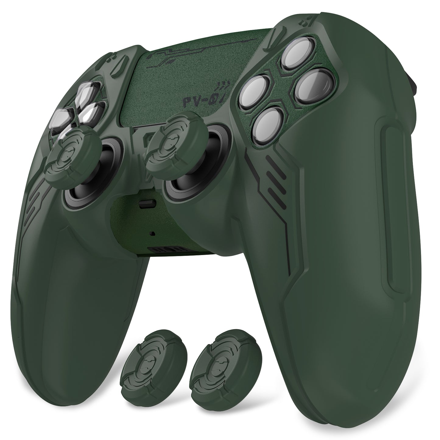 PlayVital Mecha Edition シリコンカバー with 2 ジョイスティックキャップと 6 ステッカー for PS5 コントローラー - 充電ステーション対応【レーシンググリーン】