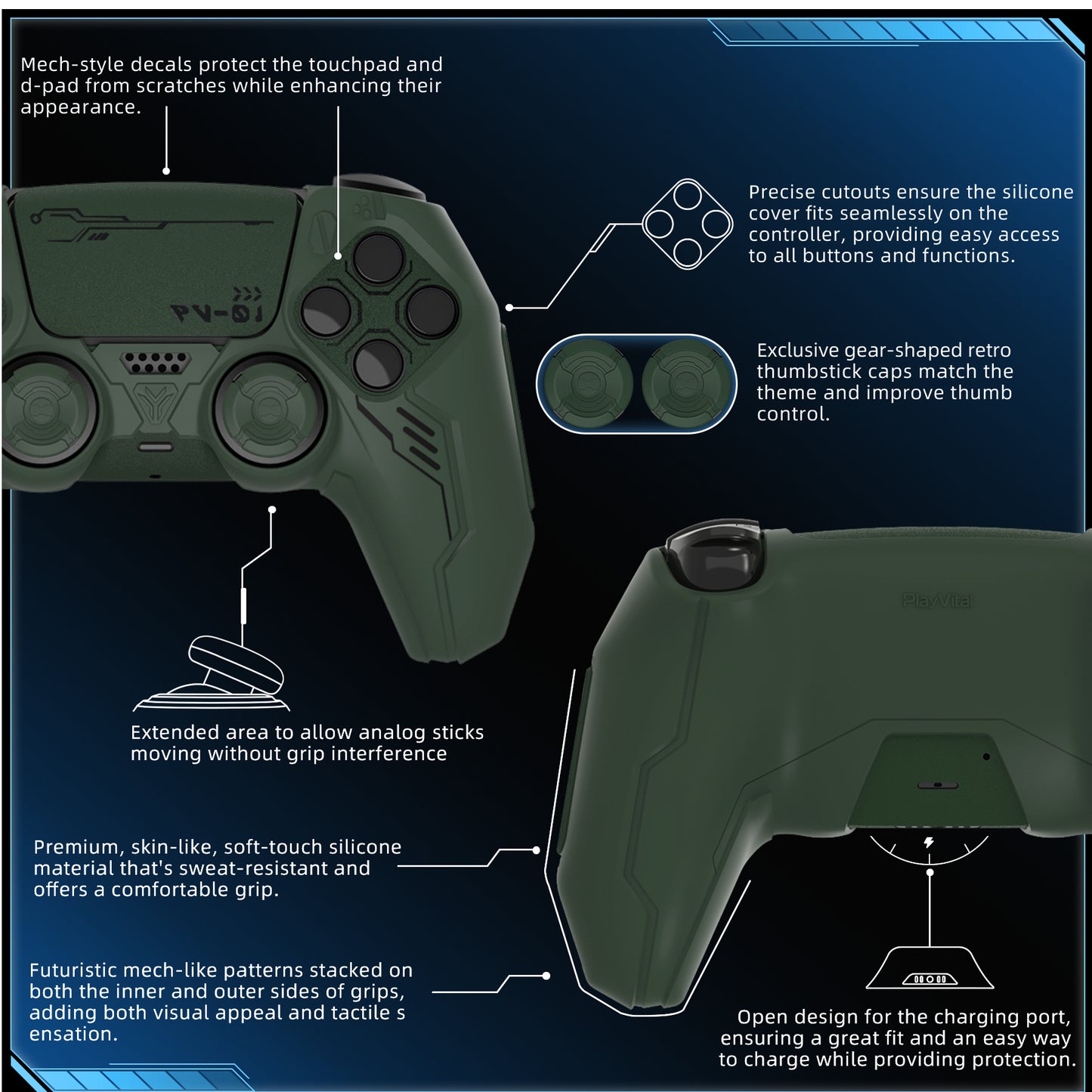 PlayVital Mecha Edition シリコンカバー with 2 ジョイスティックキャップと 6 ステッカー for PS5 コントローラー - 充電ステーション対応【レーシンググリーン】
