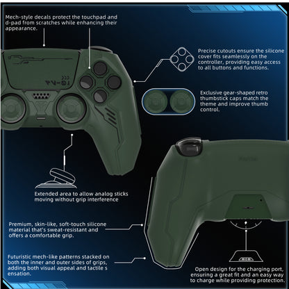PlayVital Mecha Edition シリコンカバー with 2 ジョイスティックキャップと 6 ステッカー for PS5 コントローラー - 充電ステーション対応【レーシンググリーン】