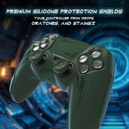 PlayVital Mecha Edition シリコンカバー with 2 ジョイスティックキャップと 6 ステッカー for PS5 コントローラー - 充電ステーション対応【レーシンググリーン】