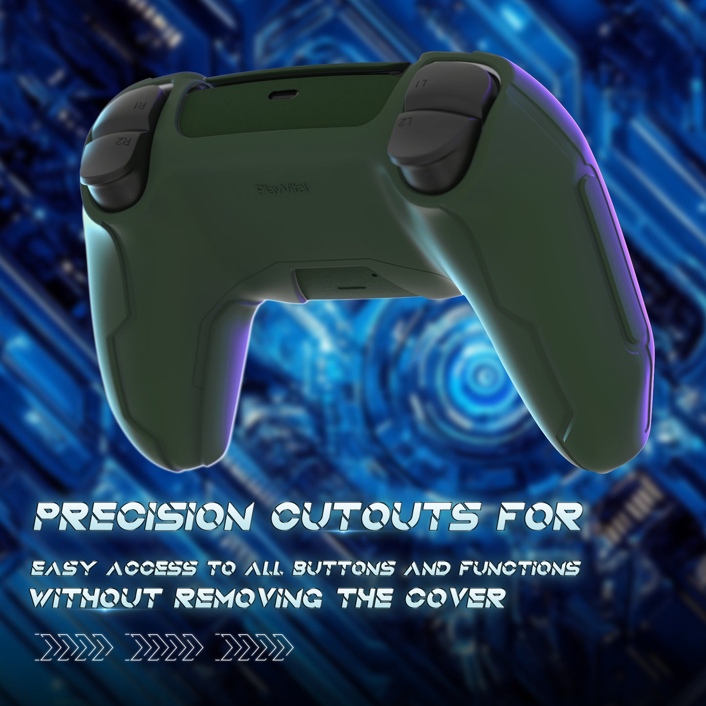 PlayVital Mecha Edition シリコンカバー with 2 ジョイスティックキャップと 6 ステッカー for PS5 コントローラー - 充電ステーション対応【レーシンググリーン】
