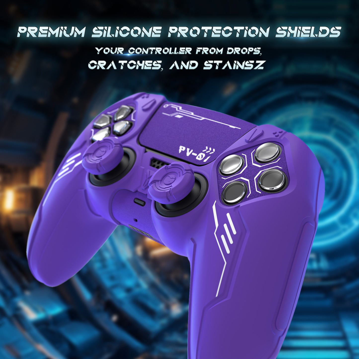 PlayVital Mecha Edition シリコンカバー with 2 ジョイスティックキャップと 6 ステッカー for PS5 コントローラー - 充電ステーション対応【パープル】