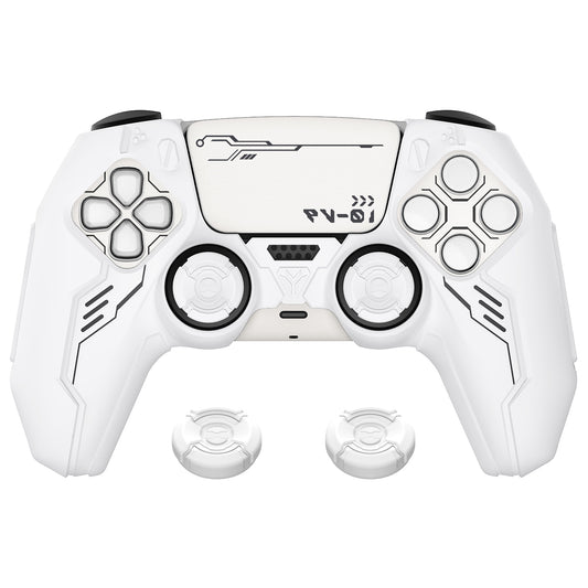 PlayVital Mecha Edition シリコンカバー with 2 ジョイスティックキャップと 6 ステッカー for PS5 コントローラー - 充電ステーション対応【ホワイト】