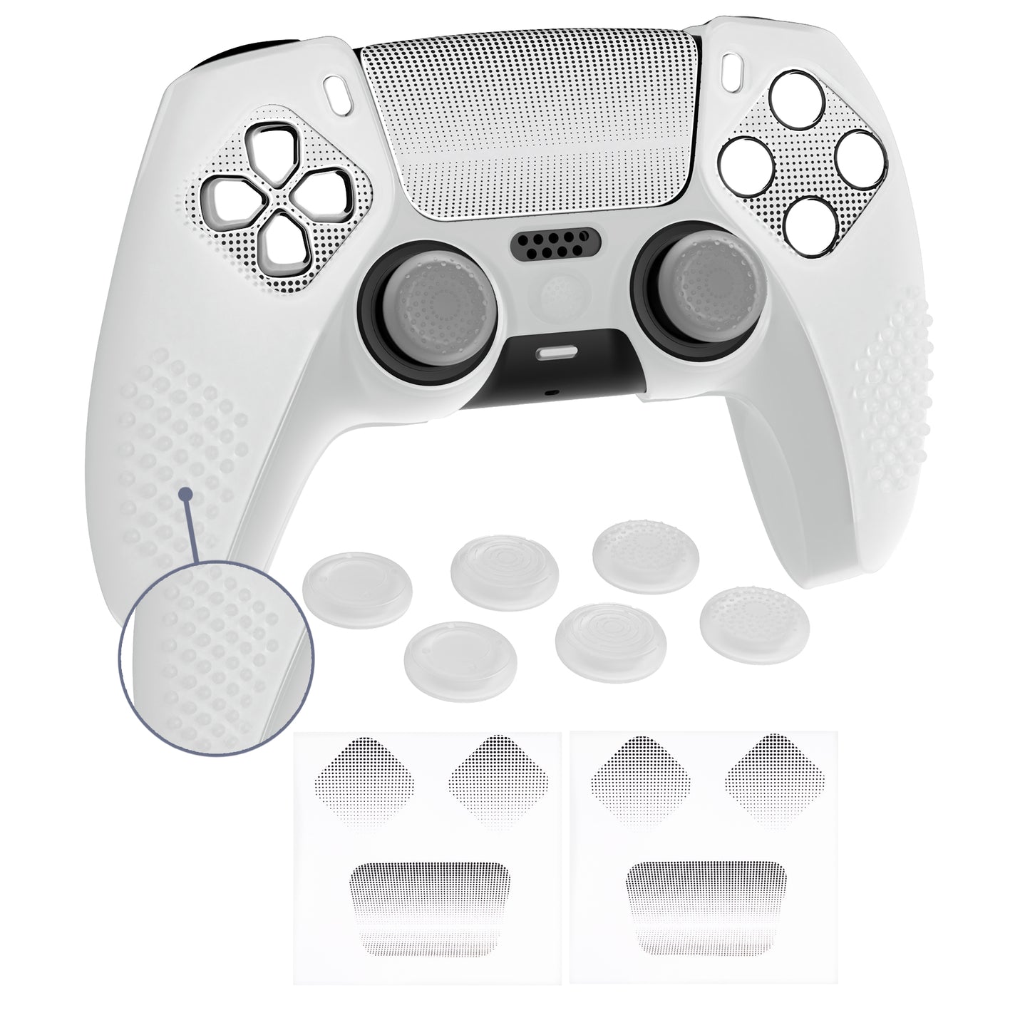 PlayVital アップグレード版 3Dスタッズエディション 防滑シリコンカバー スキン (6つのサムグリップ & 2枚のステッカー付き) - PS5 コントローラー用、充電ドック対応【クリアホワイト】