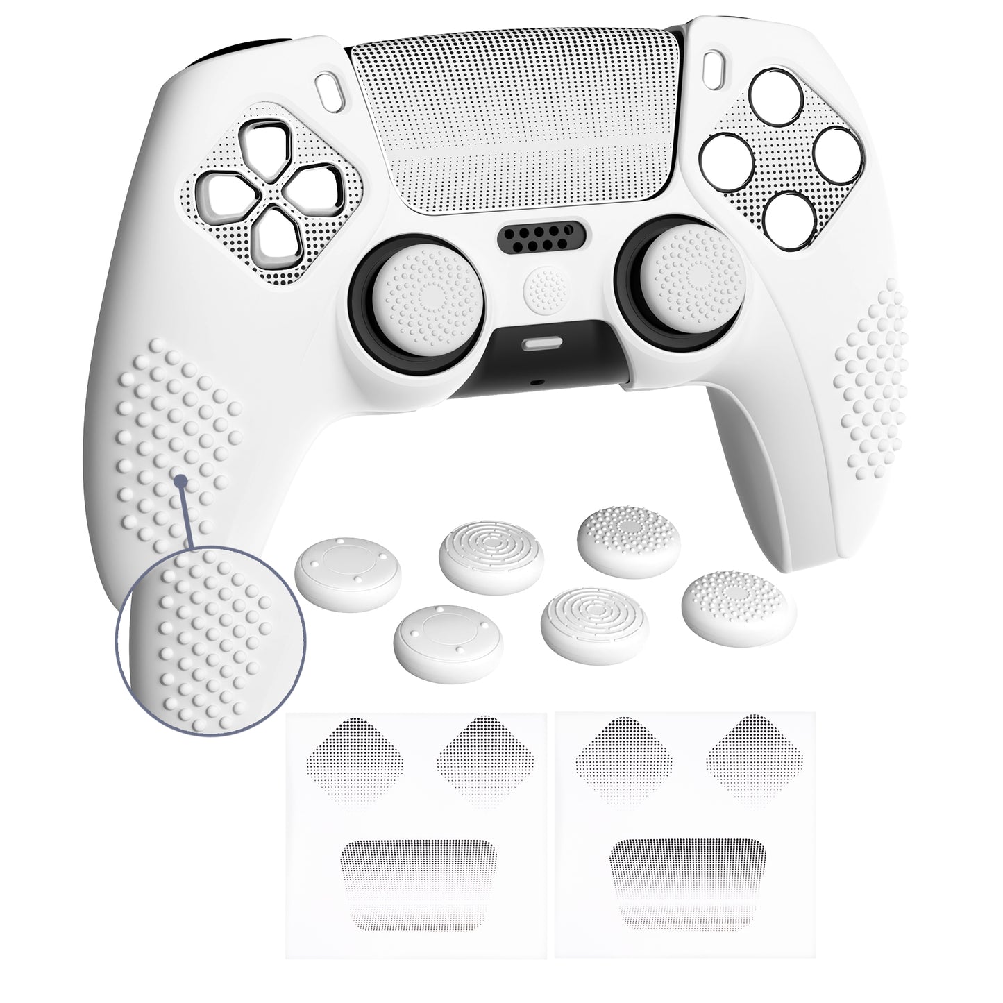 PlayVital アップグレード版 3Dスタッズエディション 防滑シリコンカバー スキン (6つのサムグリップ & 2枚のステッカー付き) - PS5 コントローラー用、充電ドック対応【ホワイト】