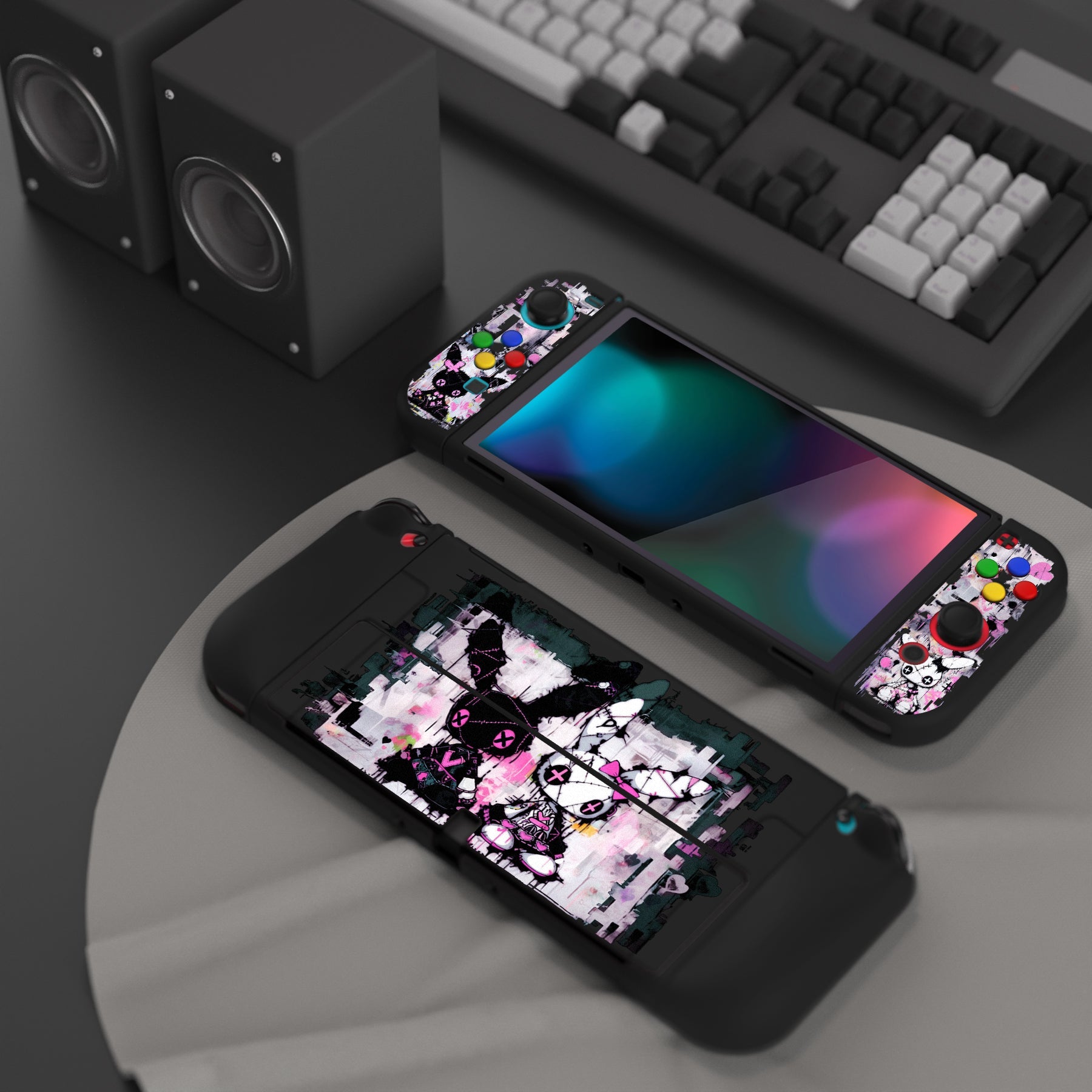 PlayVital ZealProtect Soft TPU Slim Protective Case with Thumb Grip Caps & ABXY Direction Button Caps for NS Switch OLED - Lovely Punky Bunny - XSOYV6054 playvital