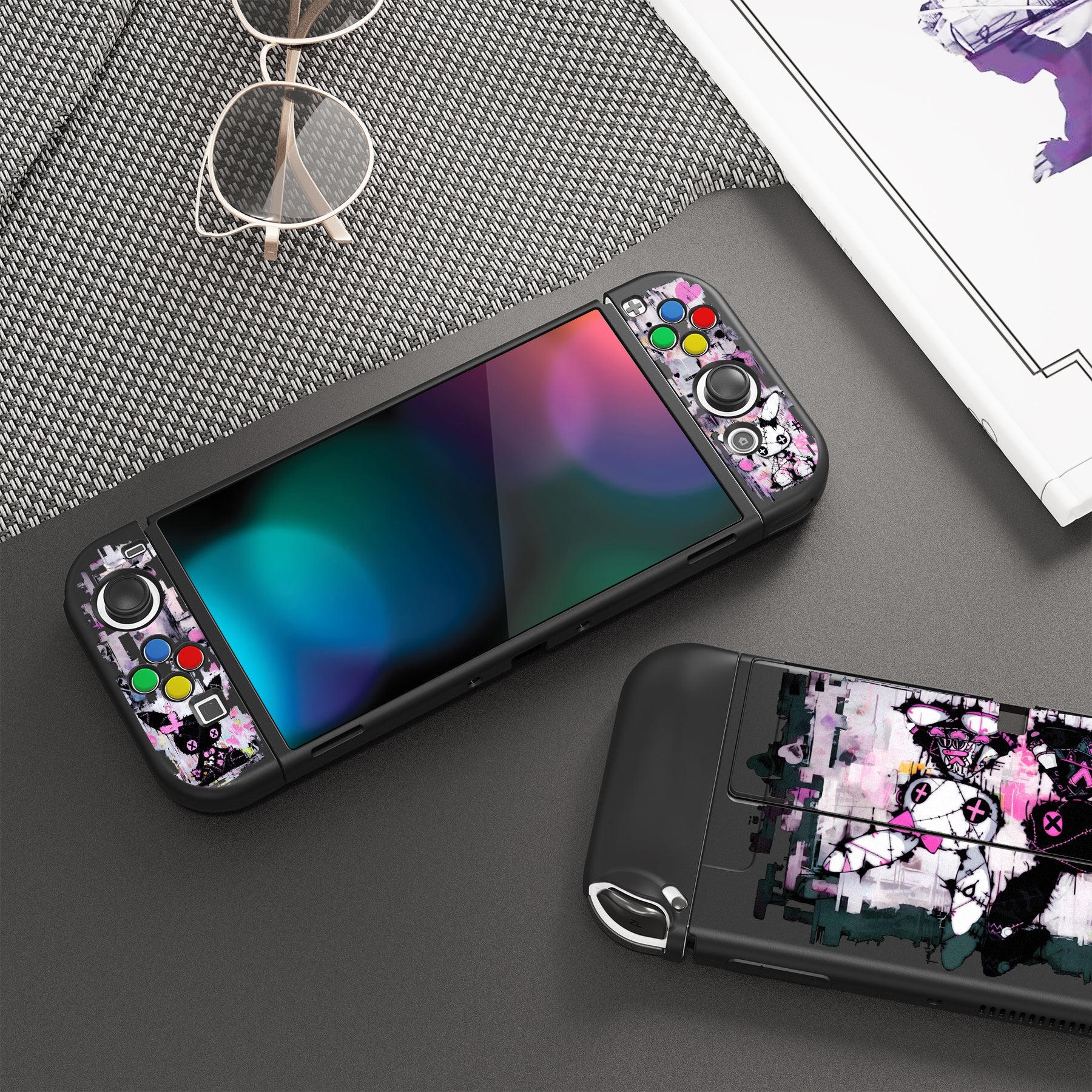 PlayVital ZealProtect Soft TPU Slim Protective Case with Thumb Grip Caps & ABXY Direction Button Caps for NS Switch OLED - Lovely Punky Bunny - XSOYV6054 playvital