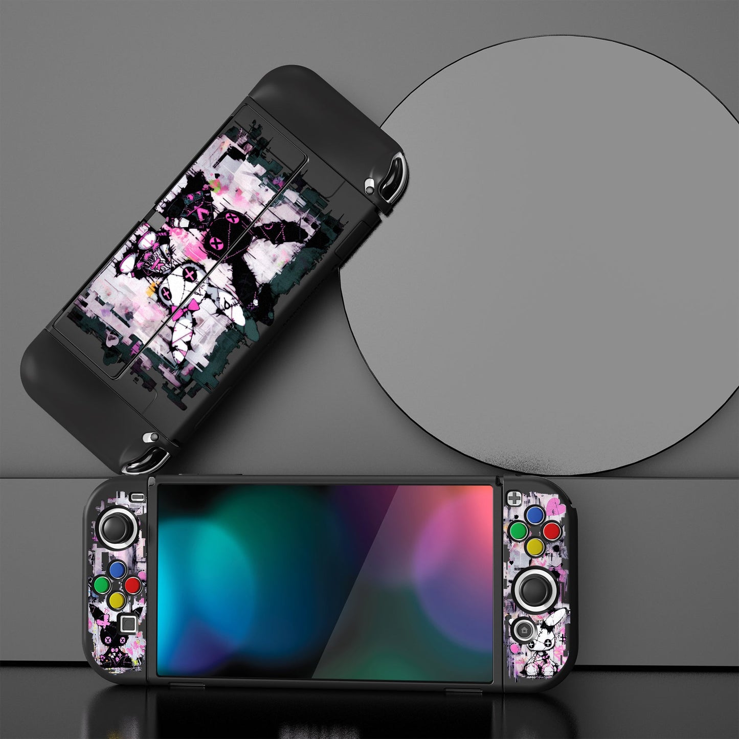 PlayVital ZealProtect Soft TPU Slim Protective Case with Thumb Grip Caps & ABXY Direction Button Caps for NS Switch OLED - Lovely Punky Bunny - XSOYV6054 playvital