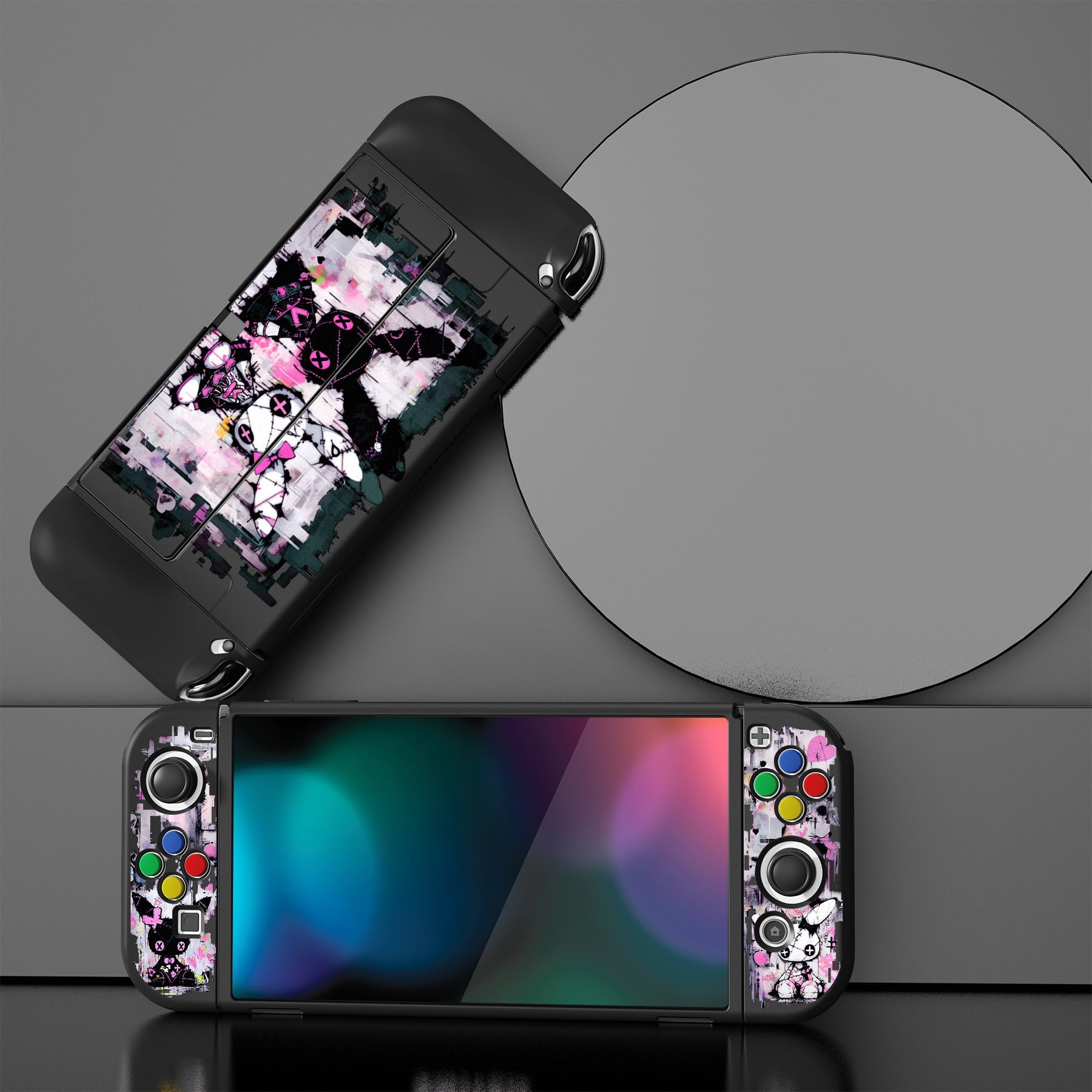 PlayVital ZealProtect Soft TPU Slim Protective Case with Thumb Grip Caps & ABXY Direction Button Caps for NS Switch OLED - Lovely Punky Bunny - XSOYV6054 playvital