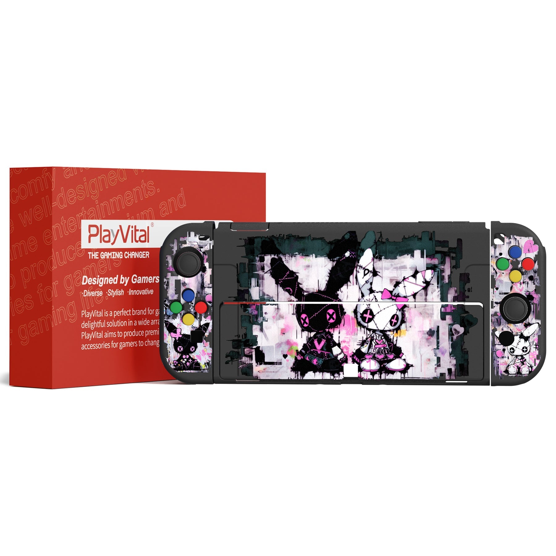 PlayVital ZealProtect Soft TPU Slim Protective Case with Thumb Grip Caps & ABXY Direction Button Caps for NS Switch OLED - Lovely Punky Bunny - XSOYV6054 playvital