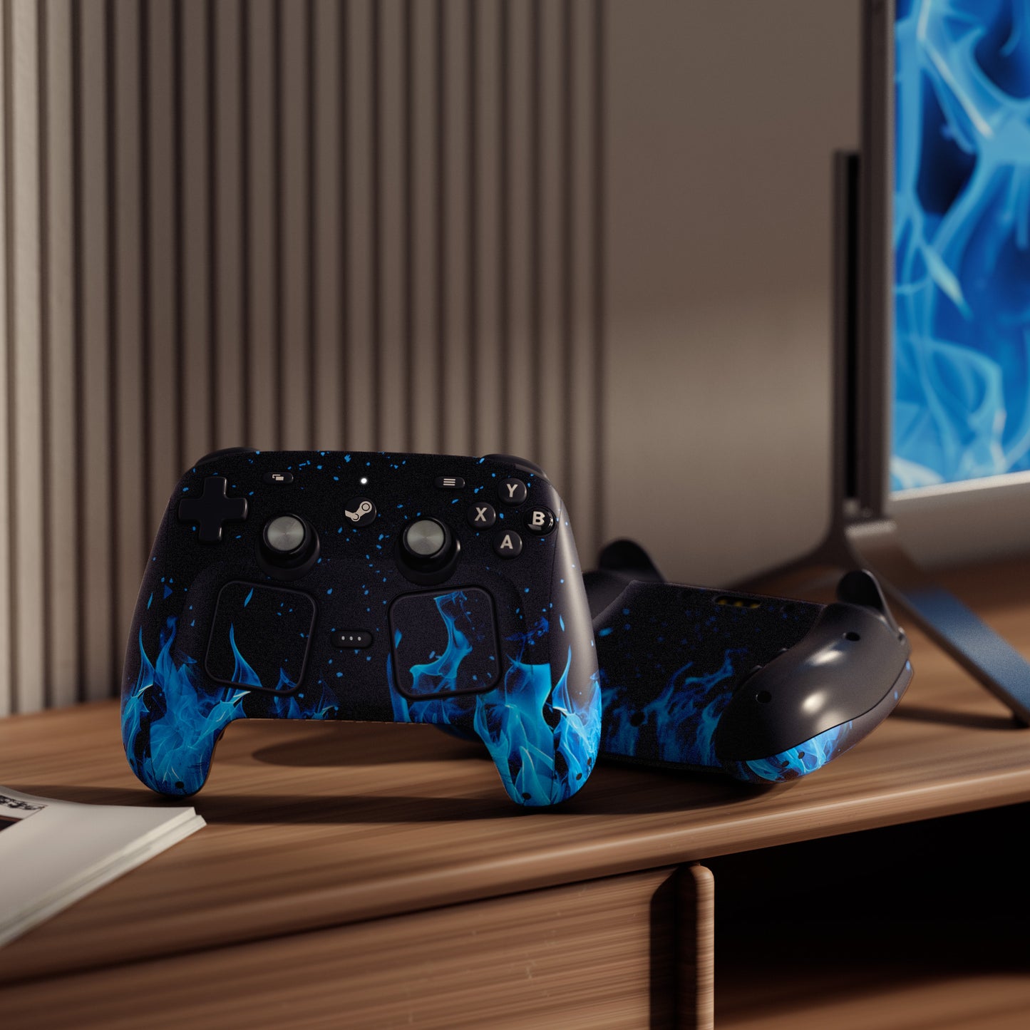 PlayVital Steam Controller 2 用 スキンシール 3枚セット｜Steam Controller 2026 対応・キズ防止・貼り跡が残りにくい 保護デカールステッカー【青い炎】