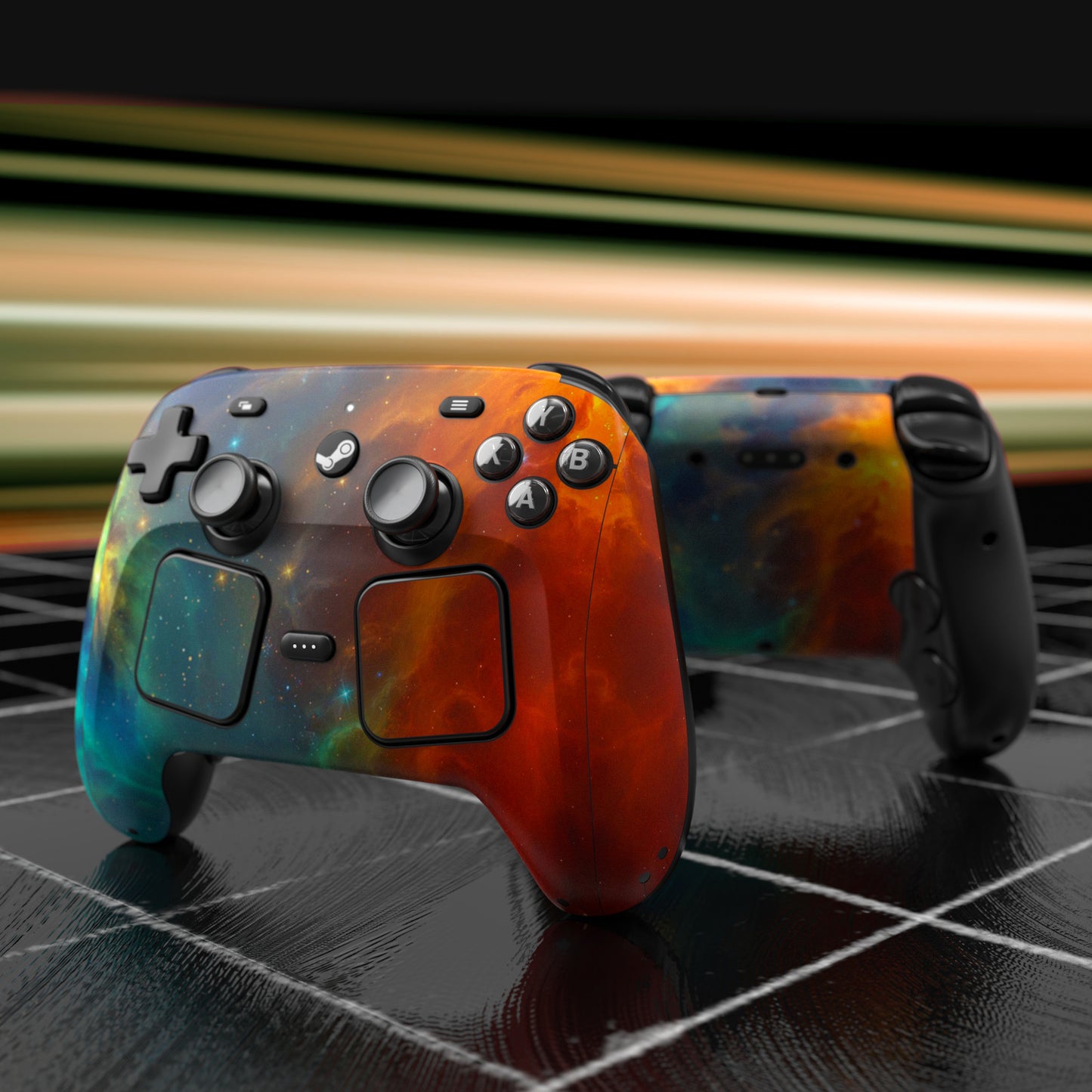 PlayVital Steam Controller 2 用 スキンシール 3枚セット｜Steam Controller 2026 対応・キズ防止・貼り跡が残りにくい 保護デカールステッカー【オレンジ スター ユニバース】