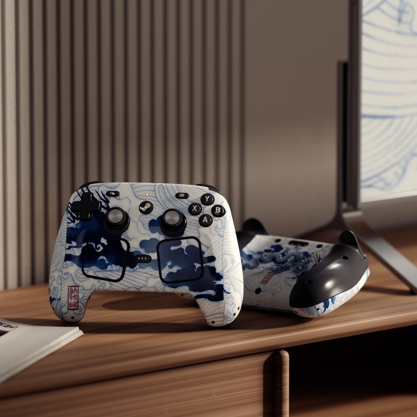 PlayVital Steam Controller 2 用 スキンシール 3枚セット｜Steam Controller 2026 対応・キズ防止・貼り跡が残りにくい 保護デカールステッカー【青花磁器風】