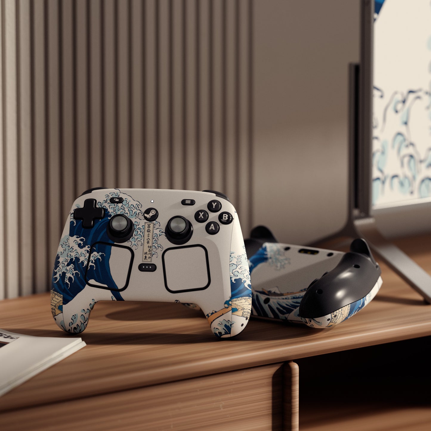 PlayVital Steam Controller 2 用 スキンシール 3枚セット｜Steam Controller 2026 対応・キズ防止・貼り跡が残りにくい 保護デカールステッカー【グレートウェーブ】