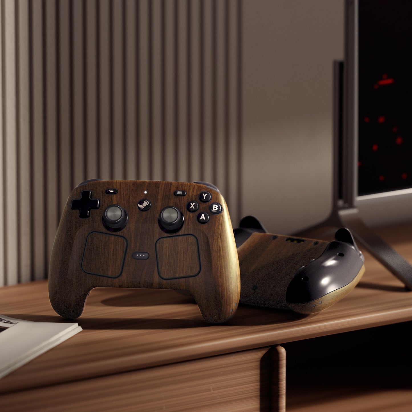 PlayVital Steam Controller 2 用 スキンシール 3枚セット｜Steam Controller 2026 対応・キズ防止・貼り跡が残りにくい 保護デカールステッカー【木目調】