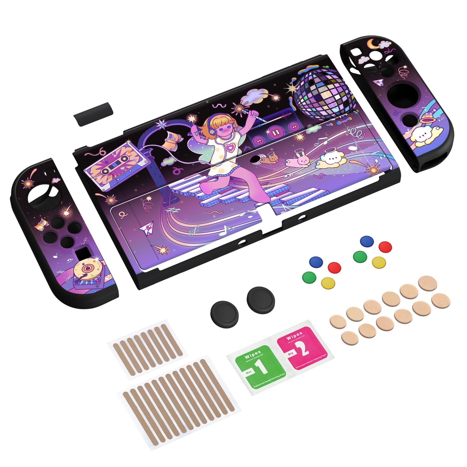 PlayVital ZealProtect Soft Protective Case for Switch OLED, Flexible Protector Joycon Grip Cover for Switch OLED with Thumb Grip Caps & ABXY Direction Button Caps - Dancing Notes - XSOYV6040 playvital