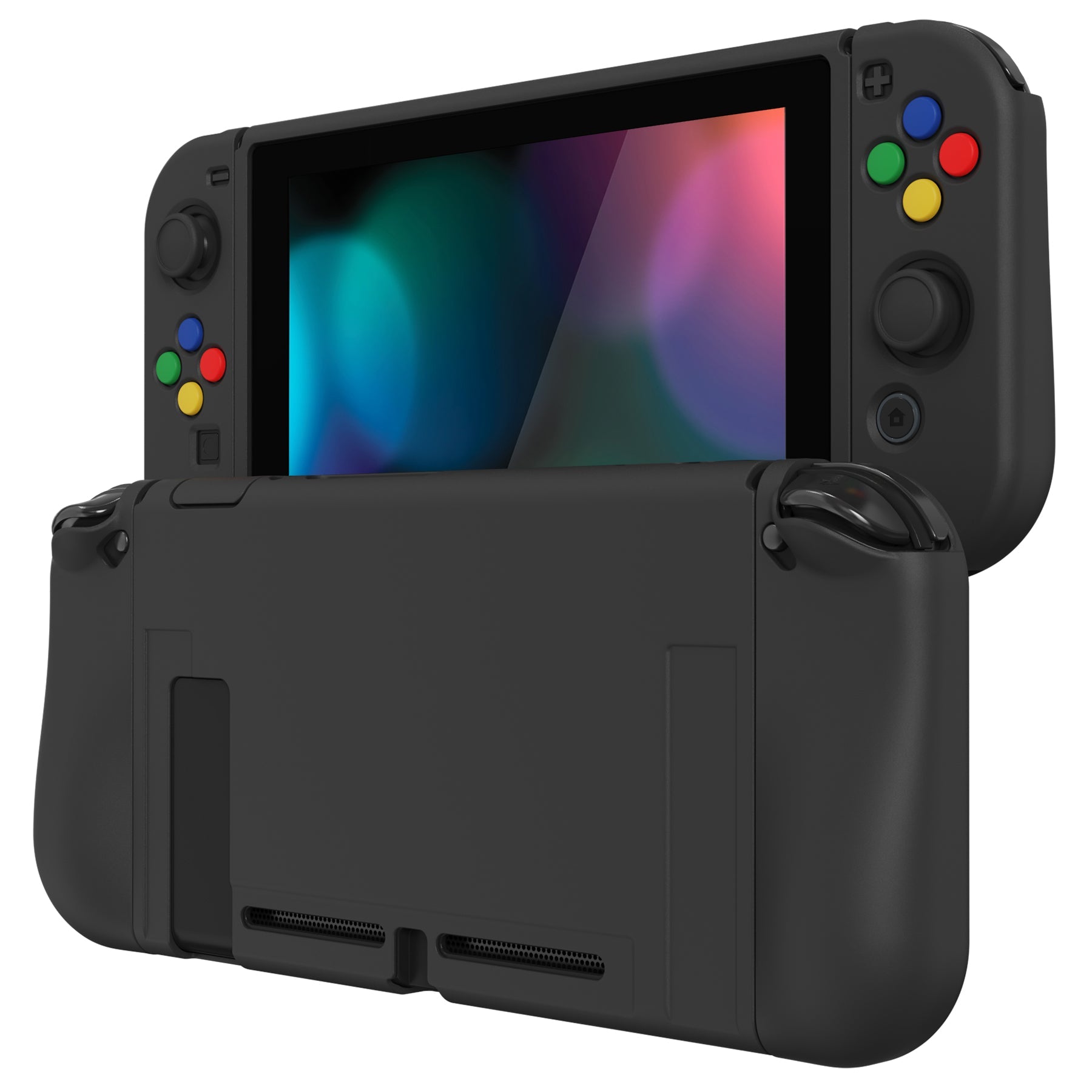 PlayVital ZealProtect Soft Protective Case for Nintendo Switch, Flexible Cover Protector for Nintendo Switch with Tempered Glass Screen Protector & Thumb Grip Caps & ABXY Direction Button Caps - Black - RNSYM5001 playvital